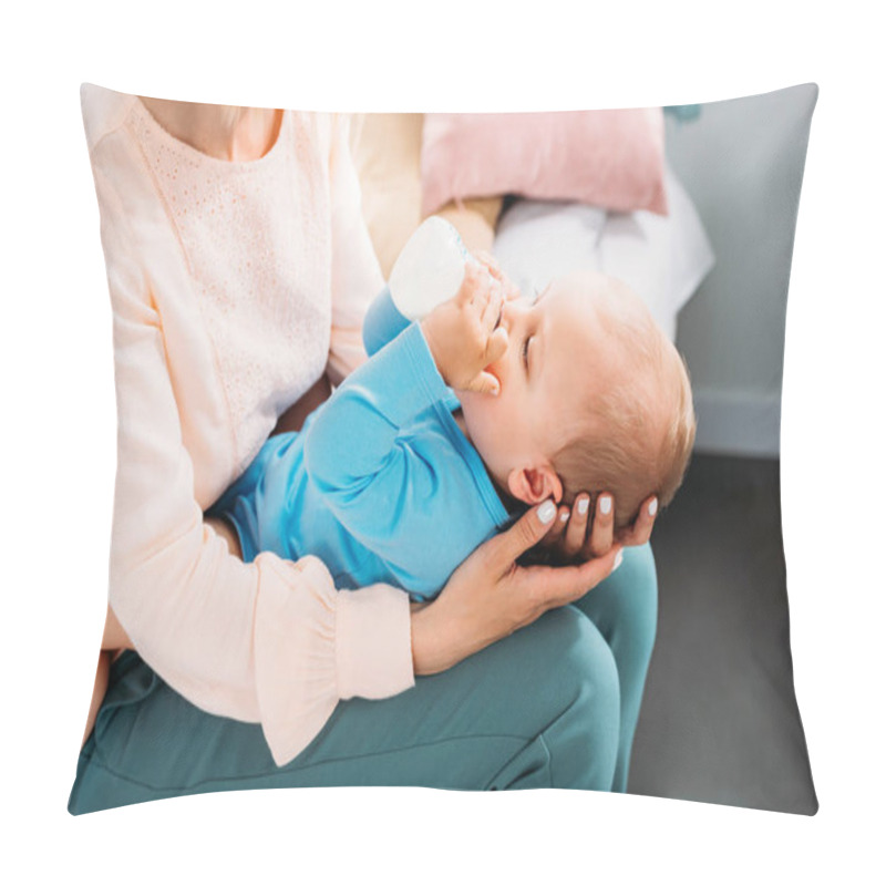 Personality  Cropped Shot Of Mother Feeding Her Little Child With Baby Bottle At Home Pillow Covers