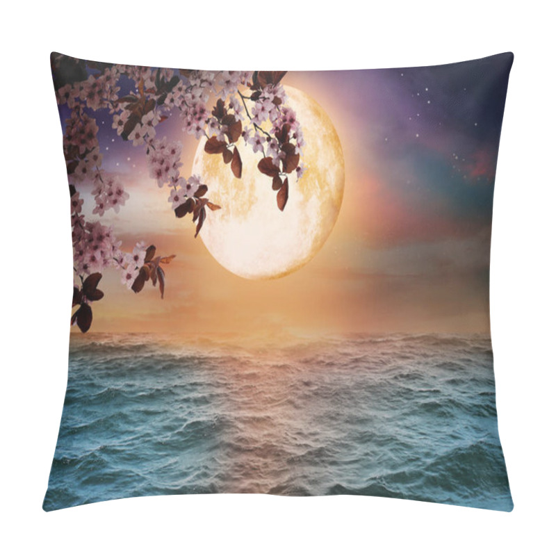 Personality  Fantasy World. Blossoming Cherry Tree Branch And Full Moon In Starry Sky Over Ocean Pillow Covers