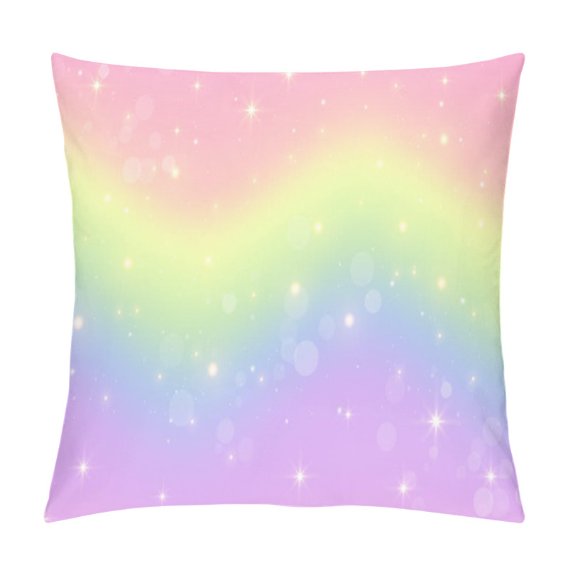 Personality  Rainbow Unicorn Fantasy Wavy Background With Bokeh And Stars. Holographic Illustration In Pastel Colors. Bright Multicolored Sky. Vector. Pillow Covers