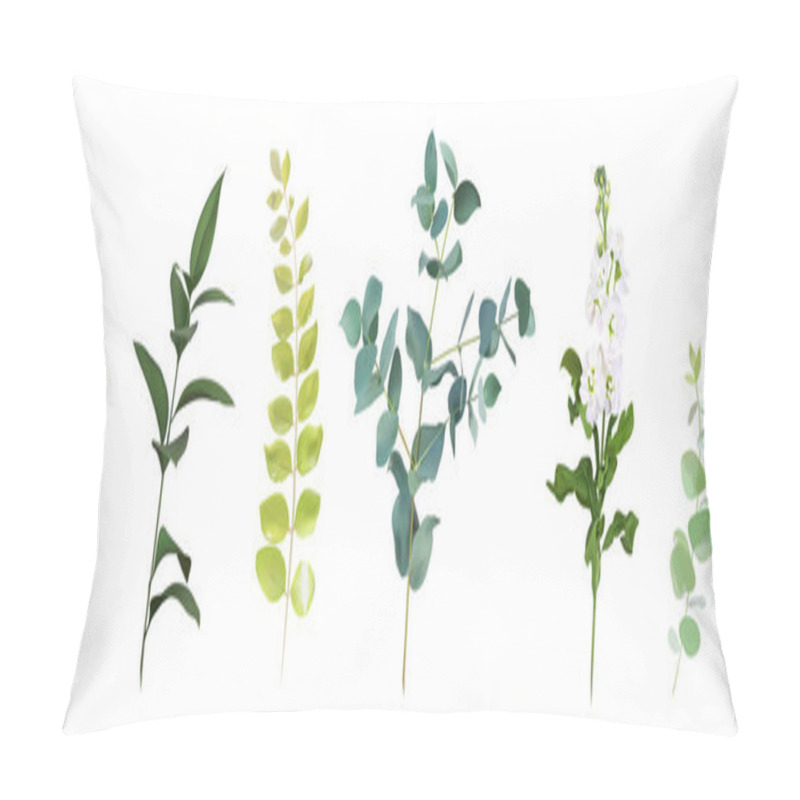 Personality  Mix Of Spring Herbs And Plants Vector Collection. Cute Rustic Wedding Greenery. Mint Green Eucalyptus, White Matthiola, Leaves And Stems. Watercolor Style Set. Elements Are Isolated And Editable Pillow Covers