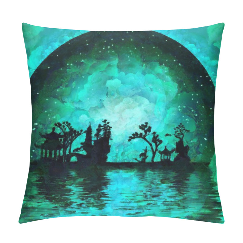 Personality  Oil Painting. Asian Silhouettes On Waterfront. Giant Moon At The Horizon. Pillow Covers