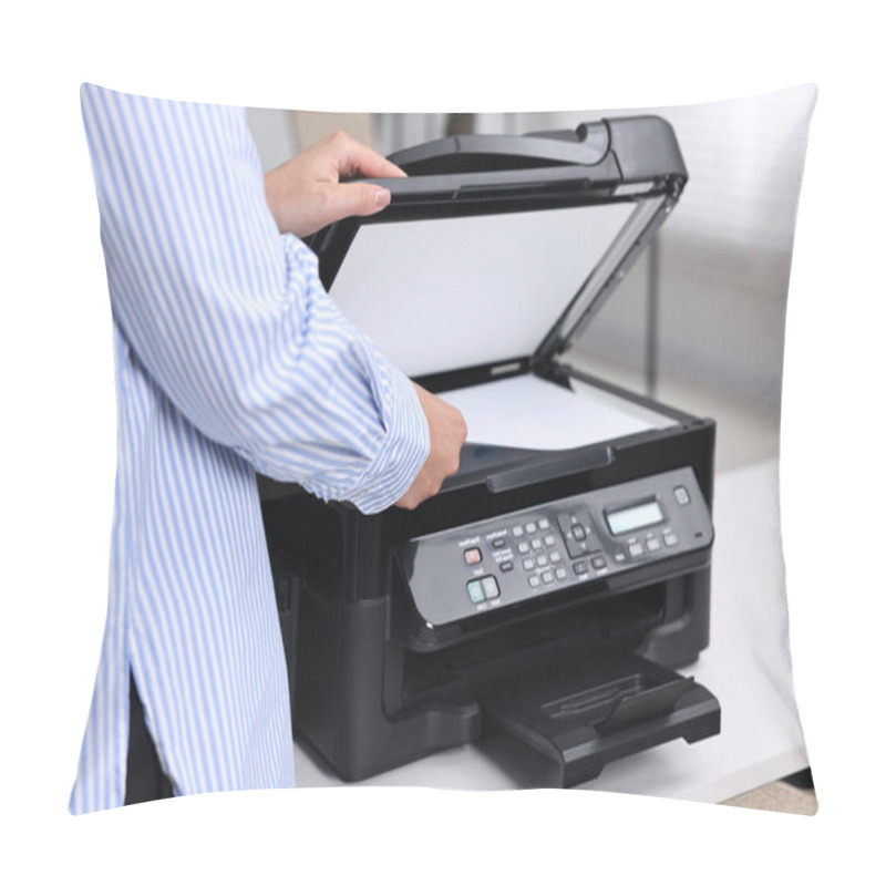 Personality  Woman Using Modern Printer At Workplace Indoors, Closeup Pillow Covers