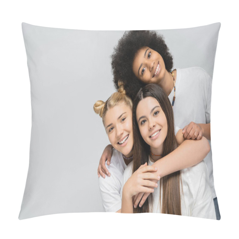 Personality  Gleeful And Teenage Girls In White T-shirts Hugging Each Other And Looking At Camera While Standing Isolated On Grey, Energetic Teenage Friends Spending Time, Copy Space, Friendship And Companionship Pillow Covers