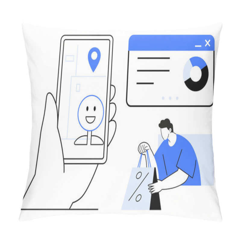 Personality  Hand Holding Smartphone With Navigation App, Web Analytics Dashboard, Character Carrying Shopping Bags. Ideal For Digital Tech, App Development, E-commerce, Navigation Systems, User Experience, Data Pillow Covers