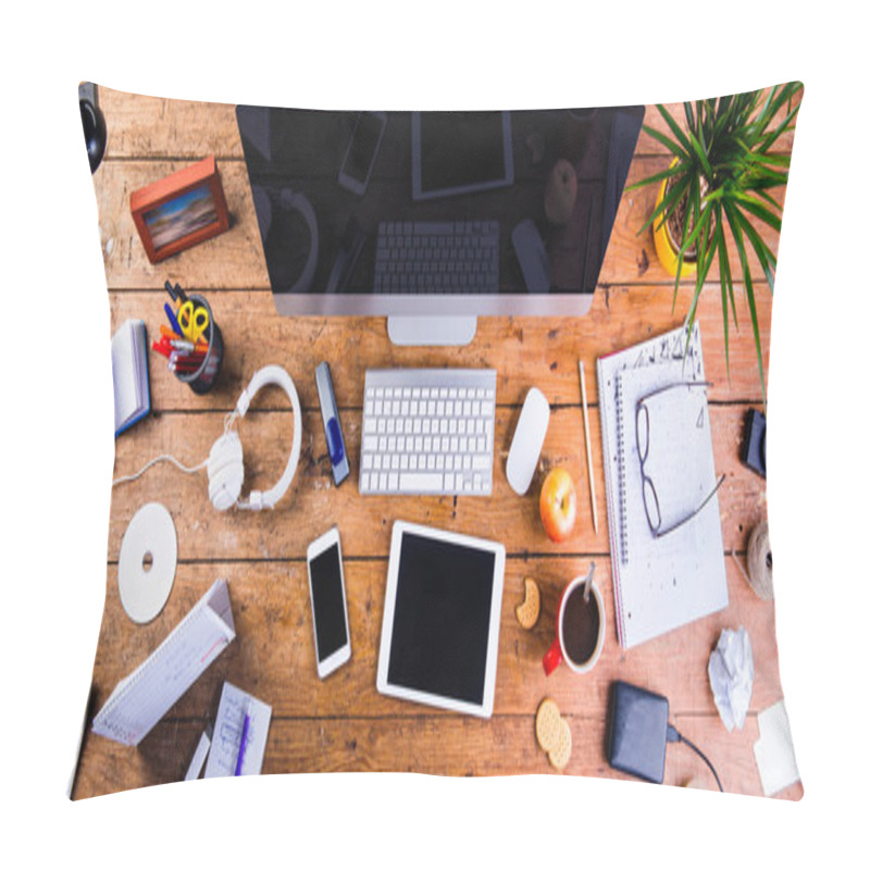 Personality  Desk With Various Gadgets And Office Supplies. Flat Lay Pillow Covers