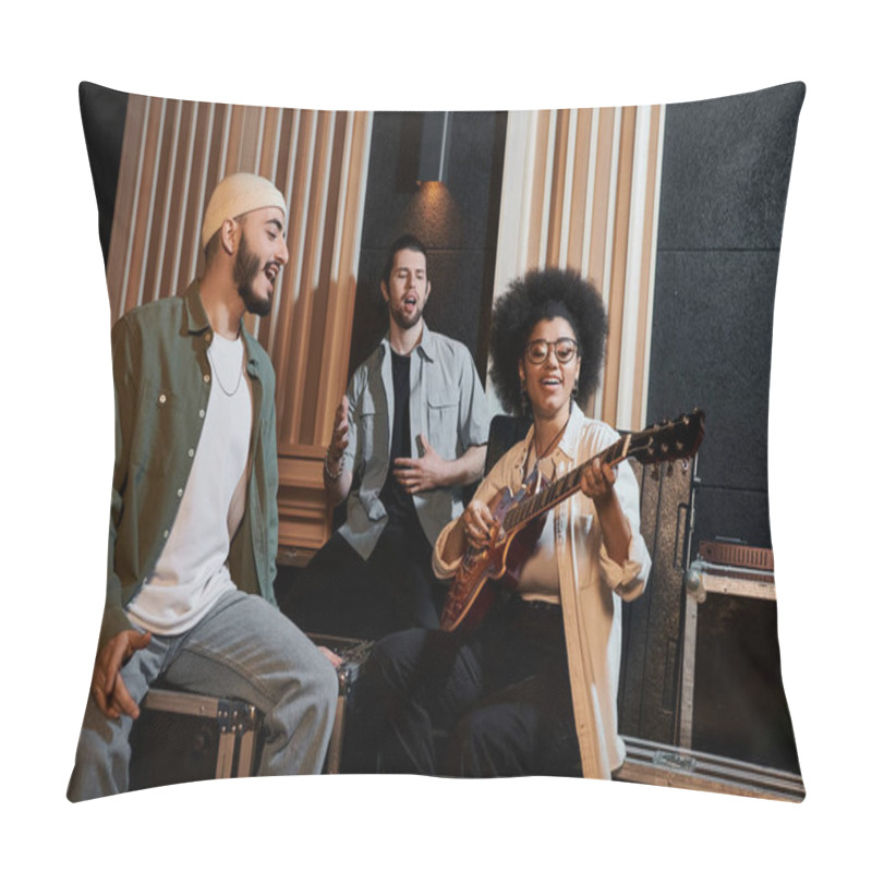 Personality  A Diverse Group Of Musicians Sit In A Recording Studio, Strumming A Guitar And Deep In Musical Collaboration. Pillow Covers