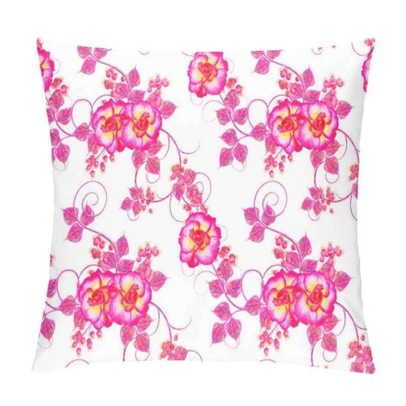 Personality  Violet, Pink Flowers With A Paisley Element, Delicate Curls, Bright Leaves, Inflorescences Of Berries. Floral Seamless Pattern. Pillow Covers