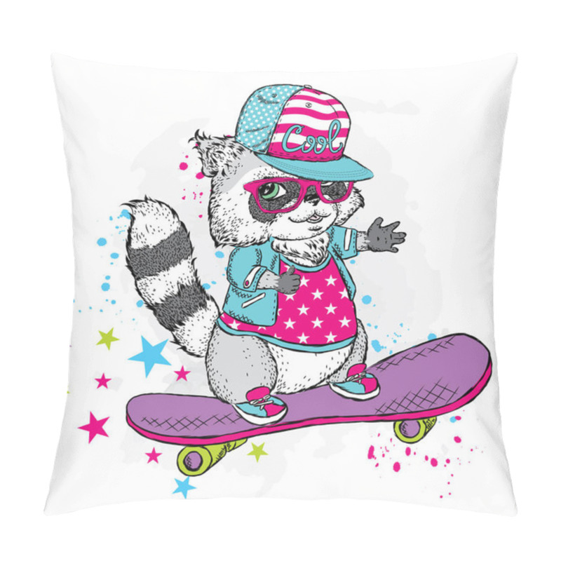 Personality  Cute Raccoon On A Skateboard. Vector Illustration. Raccoon Playing Sports. Extreme Sports. Figure For A Card Or Poster. Print On Clothes. Pillow Covers