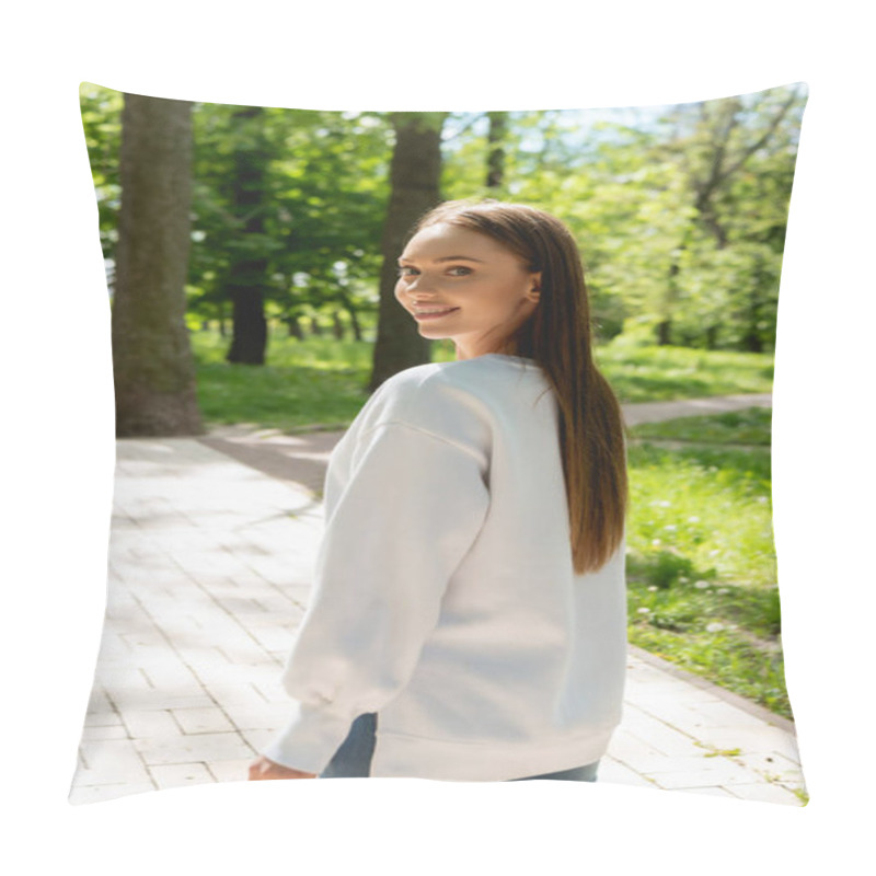 Personality  Cheerful Girl In White Sweatshirt Standing In Park And Looking At Camera  Pillow Covers