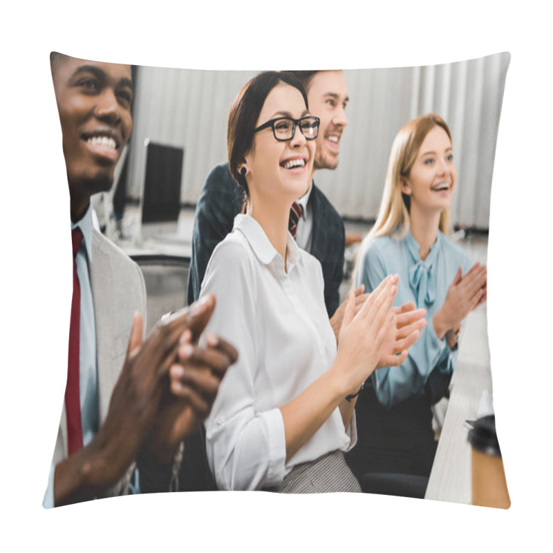 Personality  Smiling Multiracial Businesspeople Applauding To Speaker In Office Pillow Covers