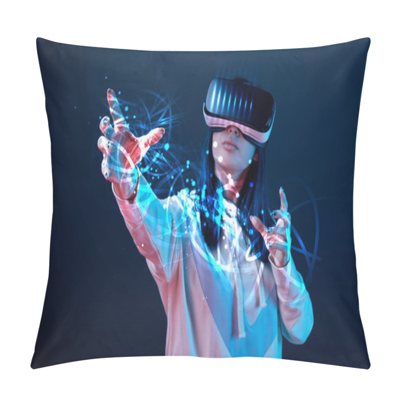 Personality  Young Woman In Vr Headset Gesturing Among Glowing Cyber Illustration On Dark Background Pillow Covers