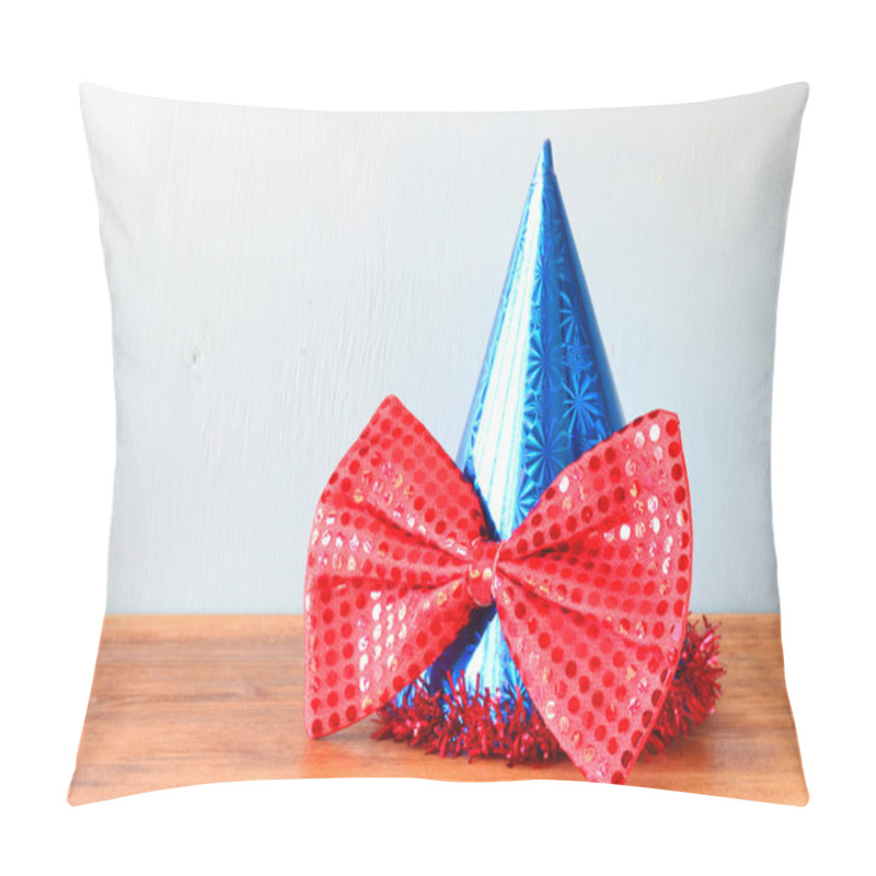 Personality  Blue Clown Hat And Big Bow Tie Over Wooden Table Pillow Covers