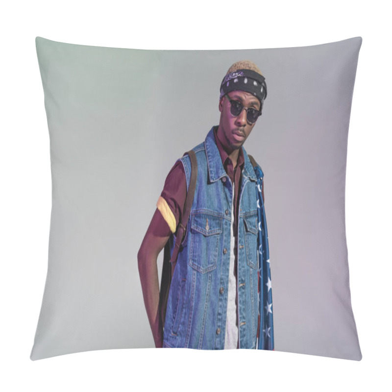 Personality  Portrait Of Stylish Young African American Man In Sunglasses Looking At Camera Isolated On Grey Pillow Covers