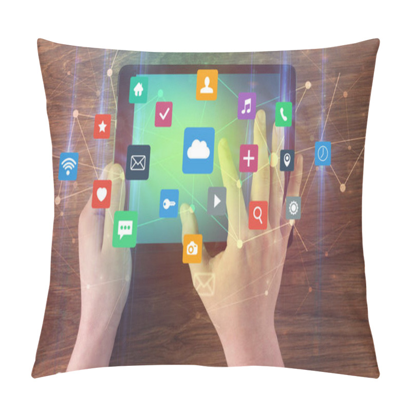 Personality  Hand Using Multitask Tablet With Application Symbols And Icons Concept Pillow Covers