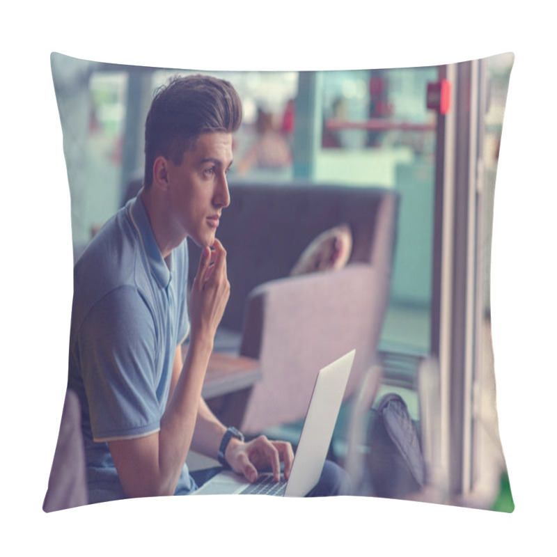 Personality  Young Skilled Male Freelancer Starting Working Day Early In Morning Drinking Coffee To Wake Up Pillow Covers