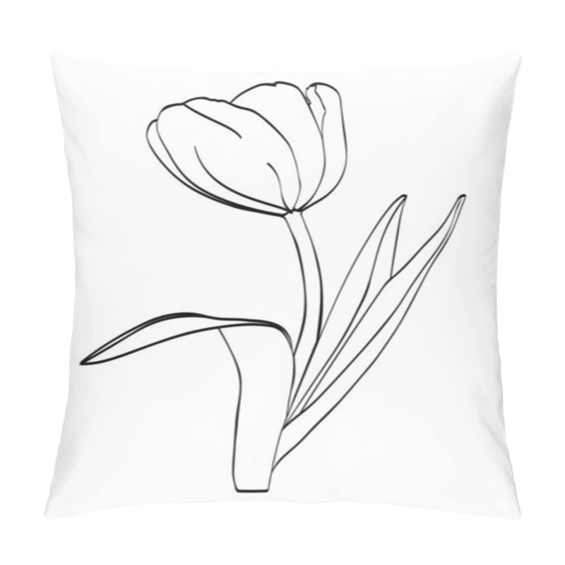 Personality  Tulip Flower With Three Leaves - Black Outlines Illustration - Isolated Pillow Covers