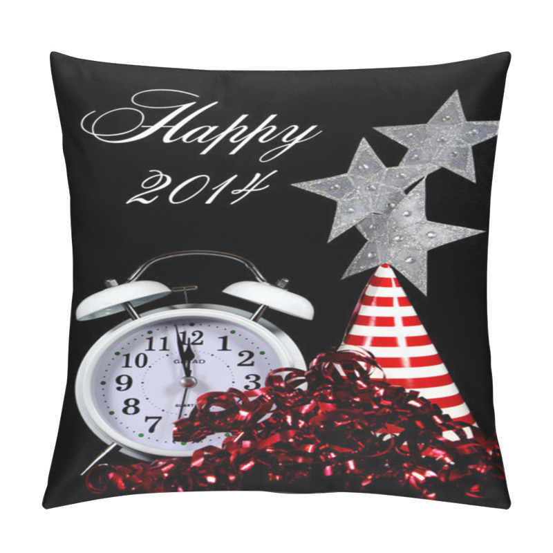 Personality  Happy New Year, 2014, Message Greeting New Years Eve Party Decorations And Vintage Retro White Clock Against A Black Background. Pillow Covers