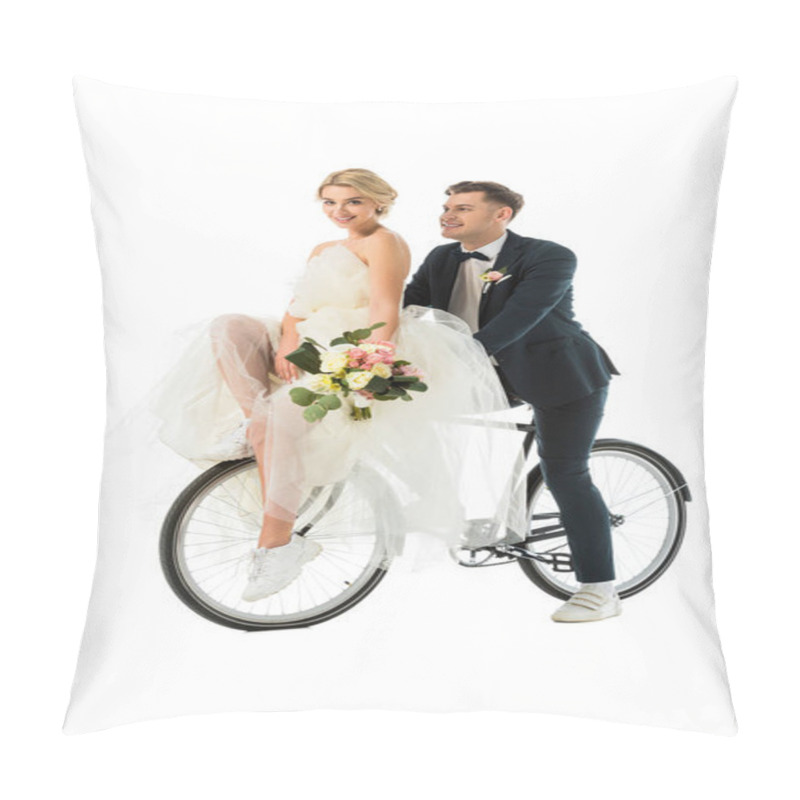 Personality  Beautiful Bride Holding Wedding Bouquet While Sitting On Bicycle Together With Groom Isolated On White Pillow Covers