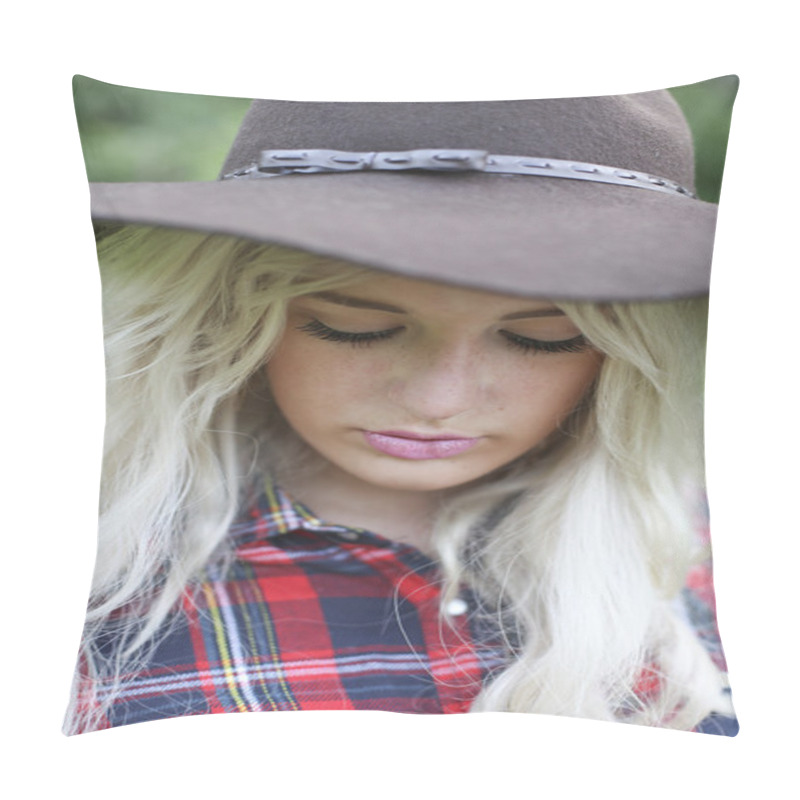 Personality  Beautiful Healthy Young Woman Outdoors Wearing Big Floppy Hat Pillow Covers