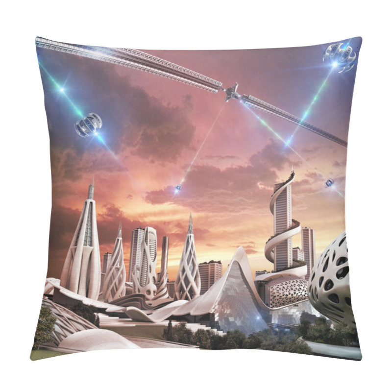 Personality  Futuristic City And Space Wheel With An Exotic Energy Source Pillow Covers