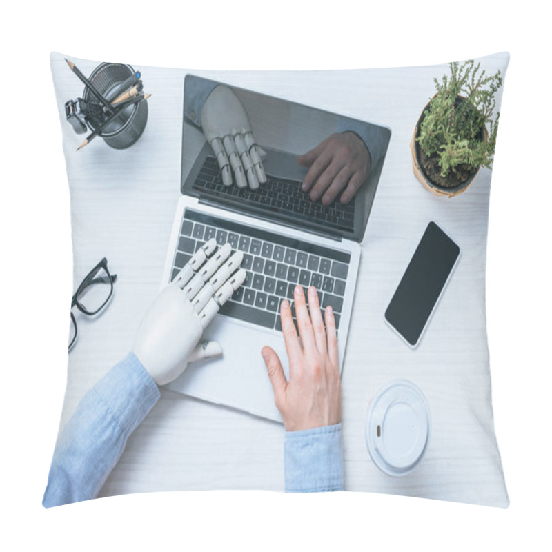 Personality  Cropped Image Of Businessman With Prosthetic Arm Using Laptop At Table With Eyeglasses, Smartphone And Coffee Cup  Pillow Covers