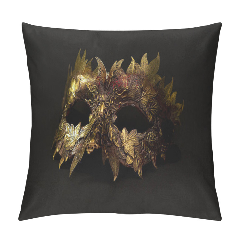 Personality  Venetian Mask In Gold And Red With Metallic Pieces In The Form Of Leaves. Original And Unique Design, Handmade Crafts Pillow Covers