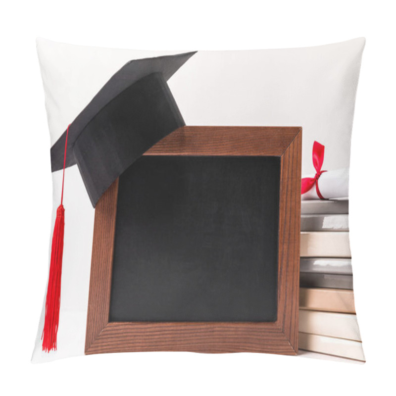 Personality  Diploma On Stack Of Books, Empty Blackboard With Academic Cup Isolated On White Pillow Covers