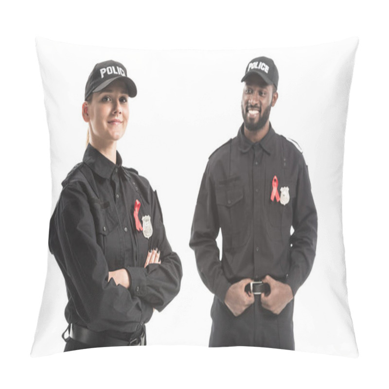 Personality  Smiling Police Officers With Aids Awareness Red Ribbons Isolated On White Pillow Covers