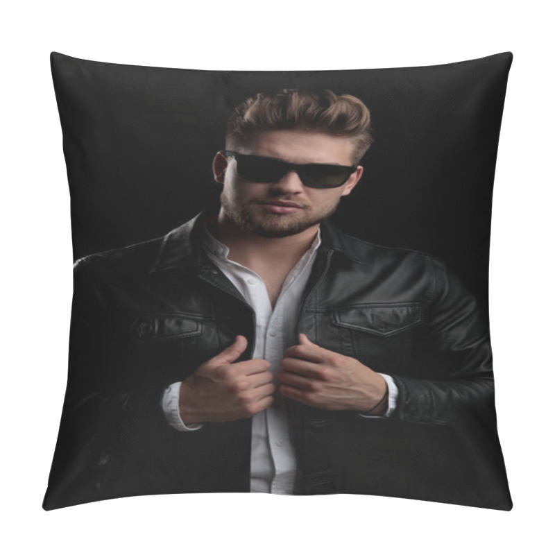 Personality  Casual Man Standing And Fixing His Jacket With Both Hands Pillow Covers