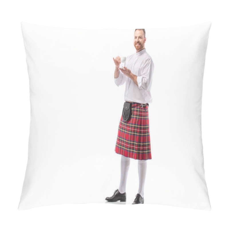 Personality  Smiling Scottish Redhead Man In Red Kilt Drinking Coffee On White Background Pillow Covers