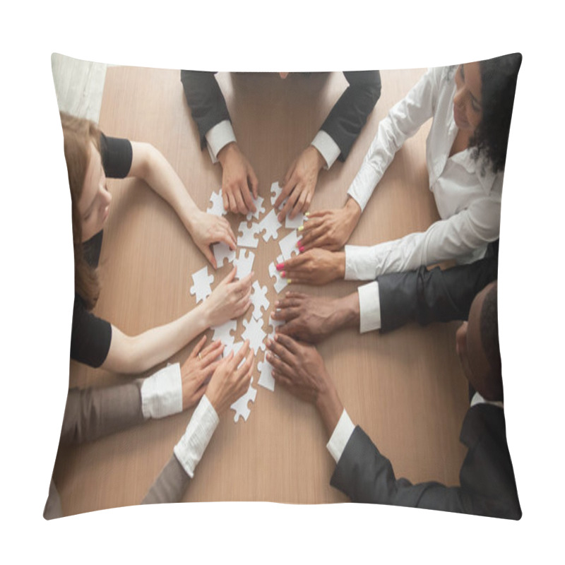 Personality  Diverse Team People Assembling Jigsaw Puzzle, Multiracial Group Of Black And White Colleagues Engaging In Successful Teamwork Finding Business Solution, Corporate Unity Teambuilding Concept, Top View Pillow Covers