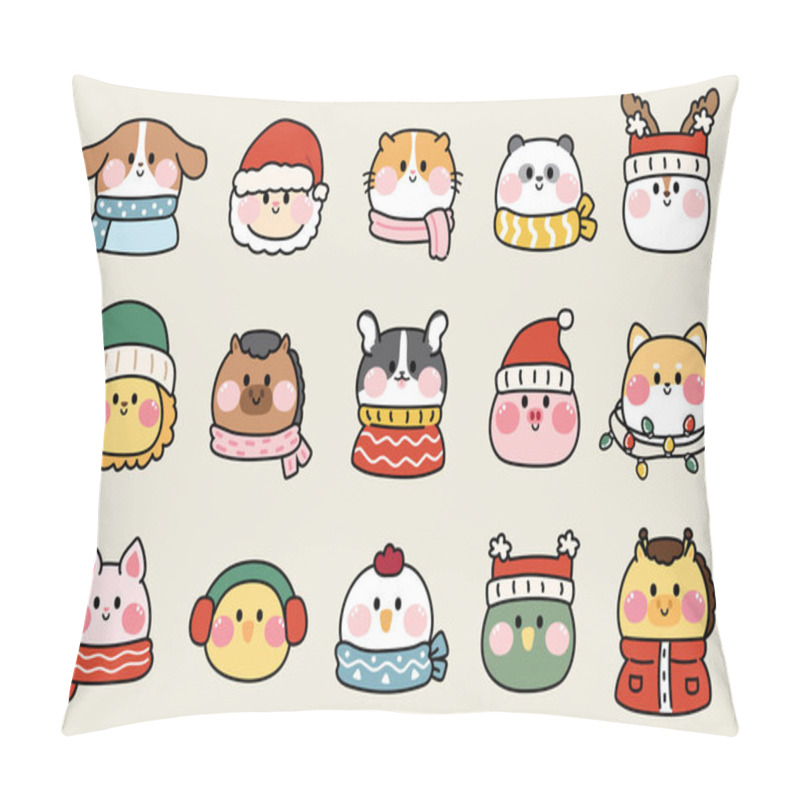 Personality  Set Of Cute Animals Wear Winter Clothing.Merry Christmas Concept Collection.Farm,pet,wildlife Animal Hand Drawn.New Year.Kawaii.Vector.Illustration. Pillow Covers