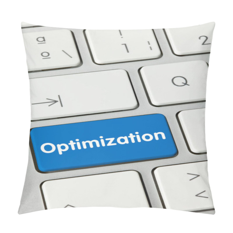 Personality  Optimization Written On Blue Key Of Metallic Keyboard. Finger Pressing Key. Pillow Covers