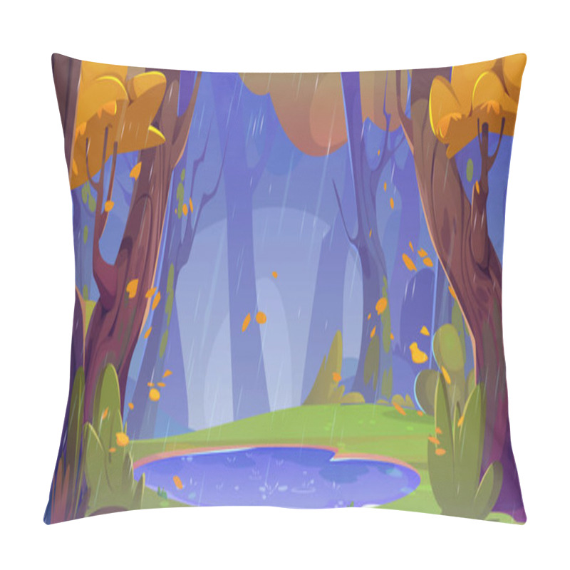 Personality  Autumn Forest Landscape With Orange Leaf On Trees And Falling, Lake And Green Grass On Shore Under Rain Droops. Cartoon Vector Fall Season Scenery Of Woodland With Pond In Rainy Cloudy Weather. Pillow Covers