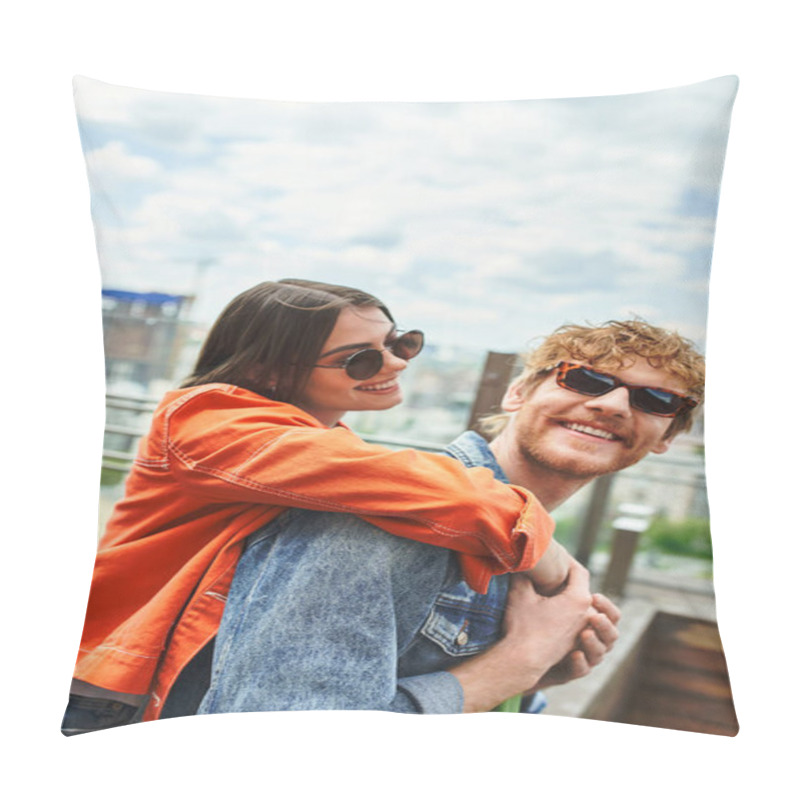 Personality  A Man Holds A Woman In A Passionate Embrace On Top Of A Building, Showcasing Their Connection Amidst The Urban Skyline Pillow Covers