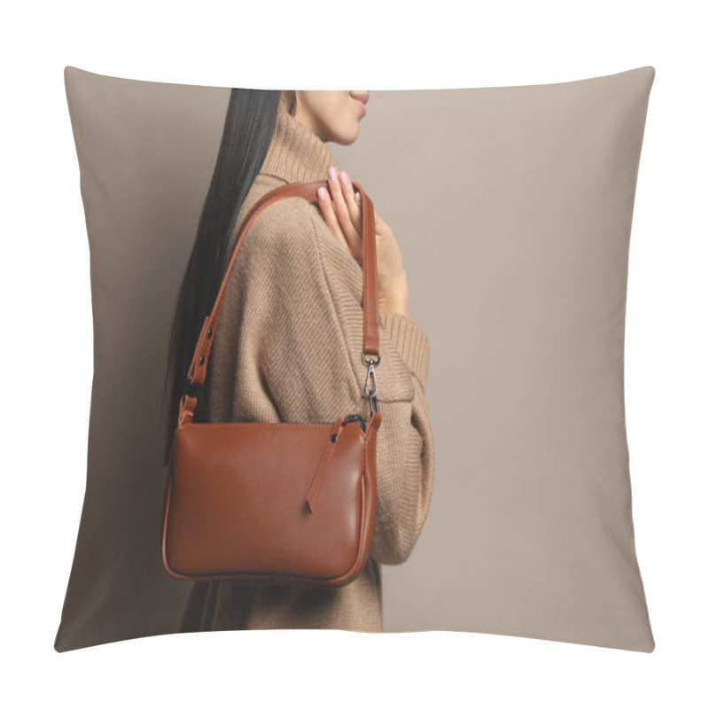 Personality  Fashionable Young Woman With Stylish Bag On Beige Background, Closeup. Space For Text Pillow Covers