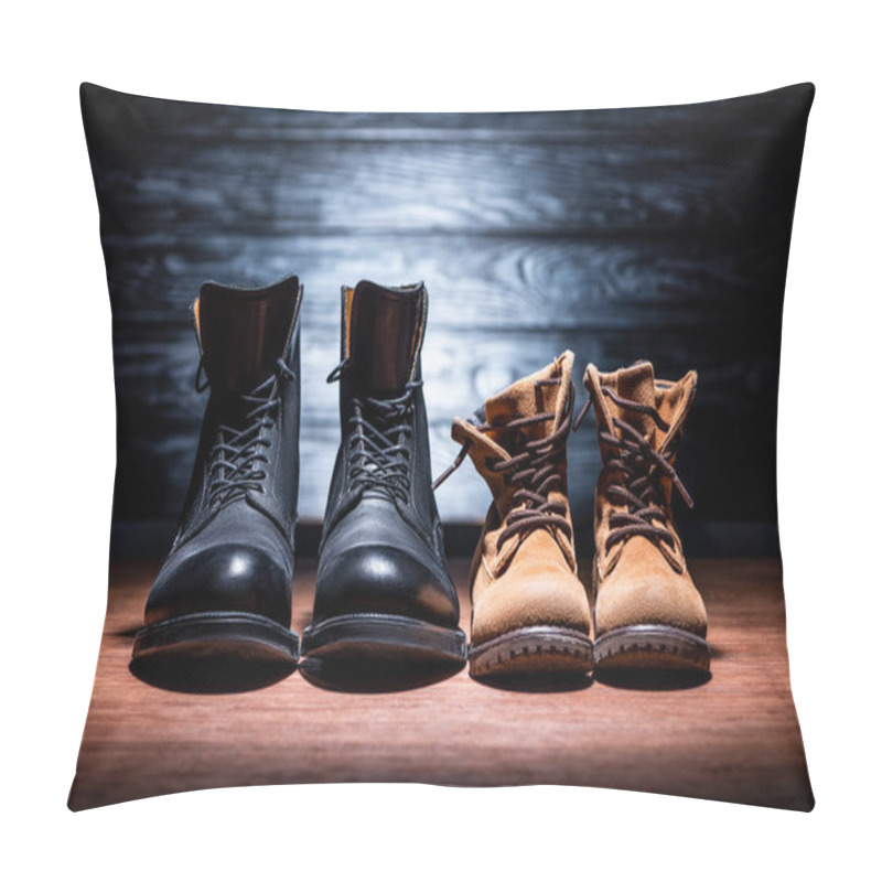 Personality  Front View Of Father And Son Shoes On Wooden Surface, Happy Fathers Day Concept Pillow Covers