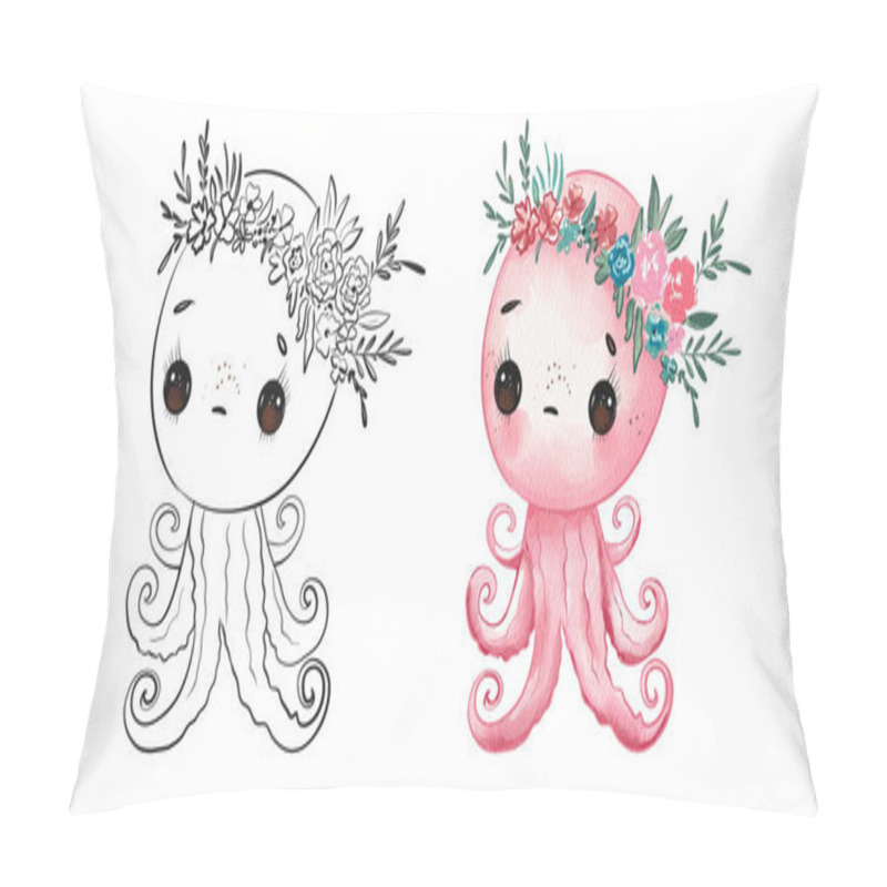 Personality  A Whimsical Octopus Character Displays Two Artistic Styles; One In Black And White And The Other Vibrantly Colored With Flowers, Perfect For Creative Projects Or Coloring Activities. Pillow Covers