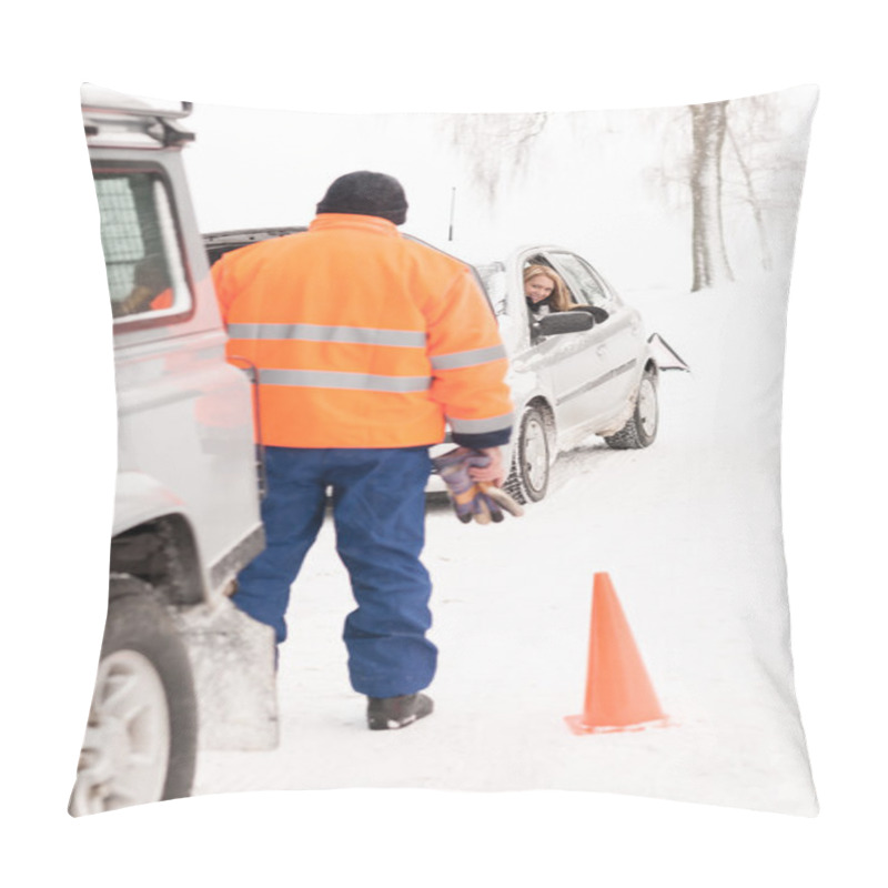 Personality  Man Helping Woman Car Breakdown Assistance Snow Pillow Covers