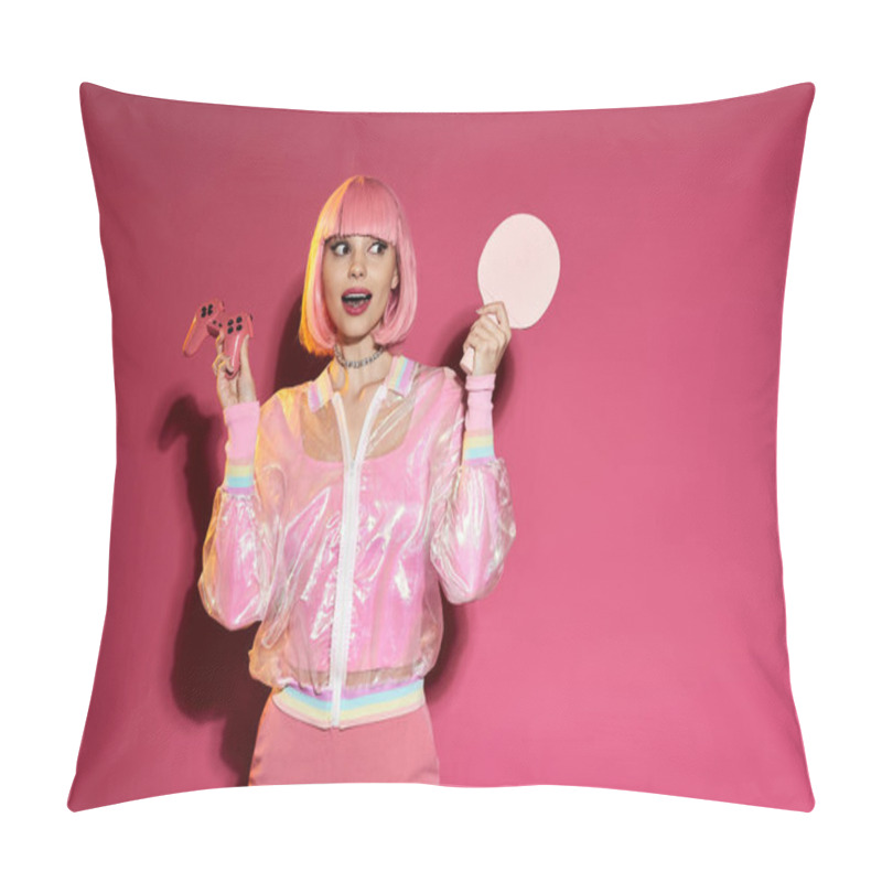 Personality  Woman In Pink Outfit Holds Game Controller And Pink Table Tennis Racket Against Pink Background. Pillow Covers