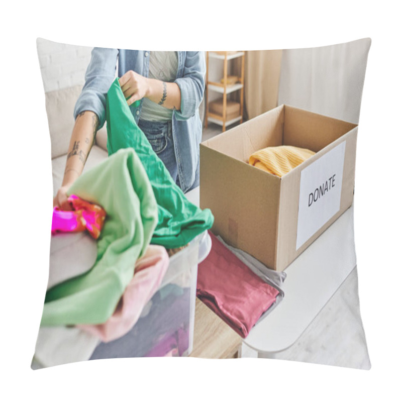 Personality  Cropped View Of Tattooed Woman In Casual Clothes Sorting Pre-loved And Second-hand Items Near Carton Box With Donate Lettering At Home, Sustainable Living And Social Responsibility Concept Pillow Covers