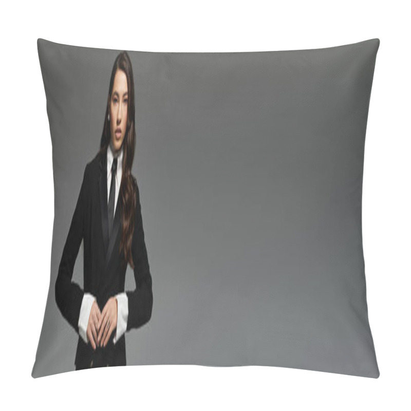 Personality  A Beautiful Young Woman With Long Brown Hair Showcases A Fashionable Outfit In A Studio Setting, Banner Pillow Covers