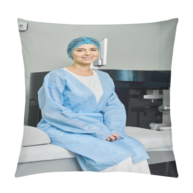 Personality  A Woman In A Hospital Gown Seated Peacefully On A Bed. Pillow Covers