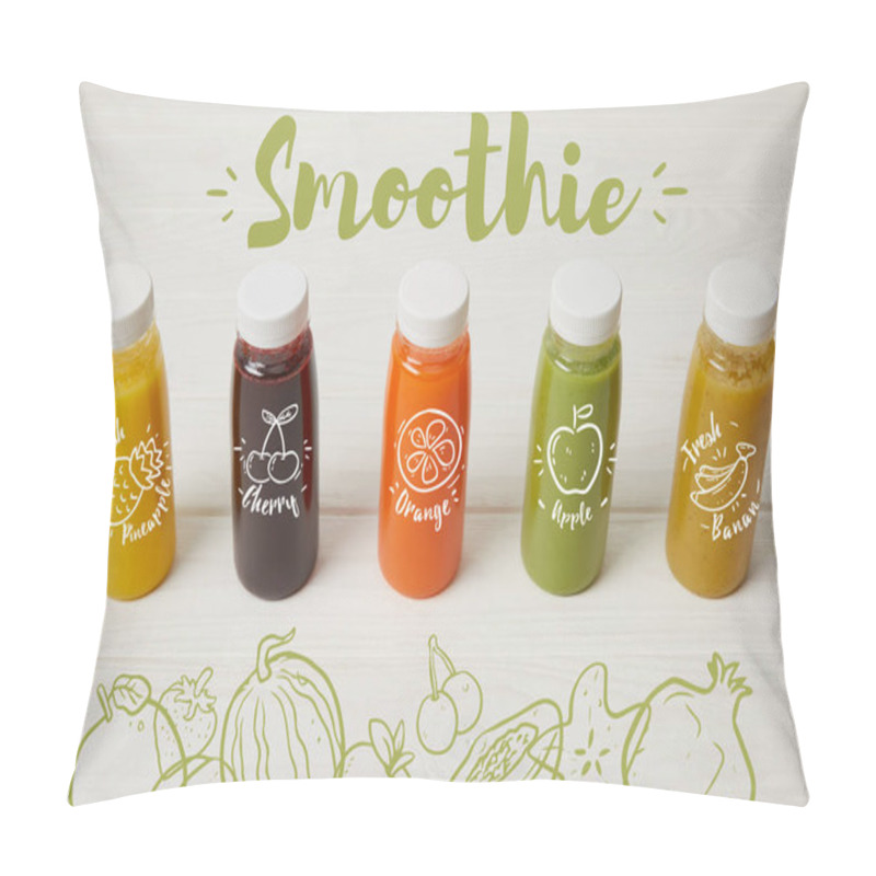 Personality  Fresh Organic Smoothies In Bottles Standing In Row On White, Smoothie Inscription Pillow Covers