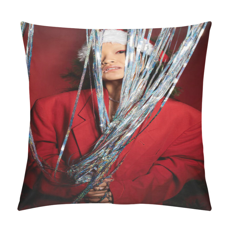 Personality  A Beautiful Asian Woman In A Vibrant Red Outfit Embraces Festive Decorations While Smiling Warmly. Pillow Covers