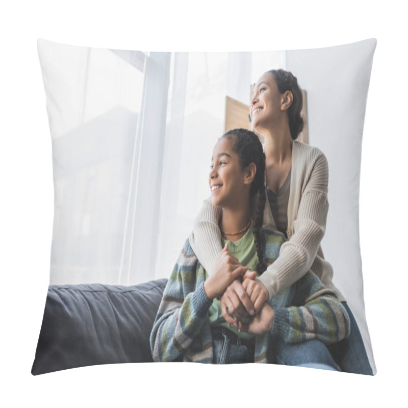 Personality  Happy African American Mother And Daughter Sitting On Couch And Looking Through Window At Home Pillow Covers