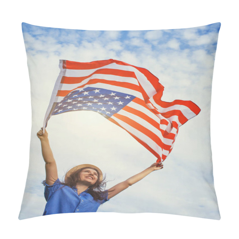 Personality  Happy Smiling Young Woman With National American Flag Against The Blue Sky. Independence Day, 4th July Pillow Covers