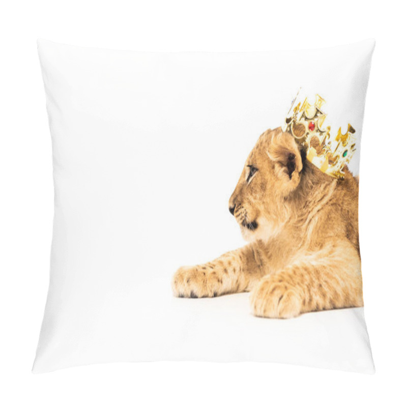 Personality  Cute Lion Cub In Golden Crown Isolated On White Pillow Covers