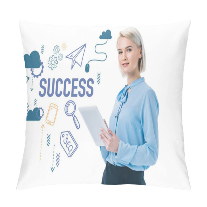 Personality  Beautiful Elegant Businesswoman Using Digital Tablet, Isolated On White, Success Concept Pillow Covers