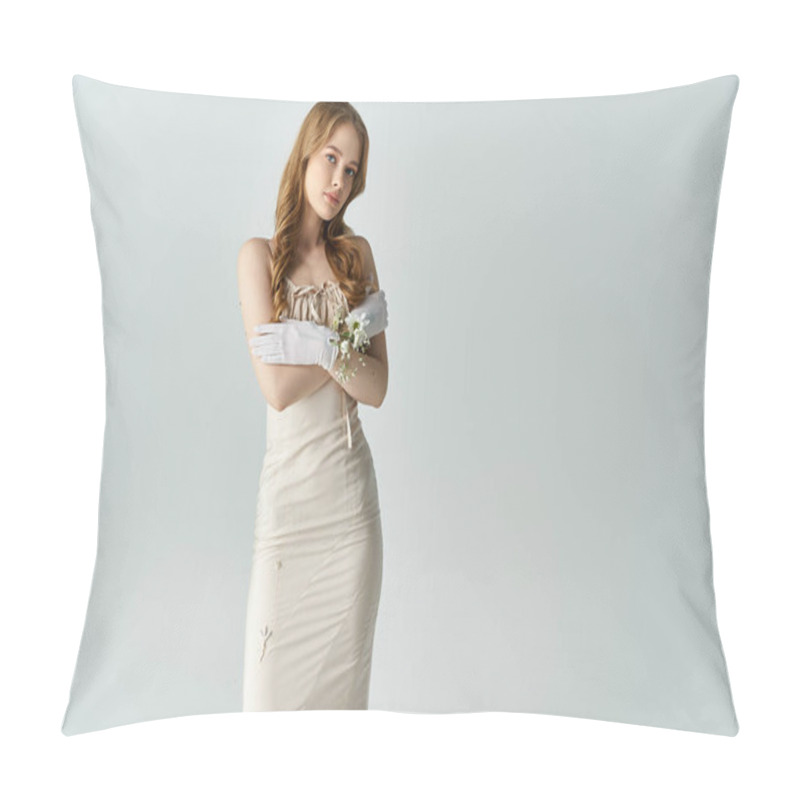 Personality  A Young Woman Stands Elegantly, Cradling White Flowers With A Serene Expression. Pillow Covers